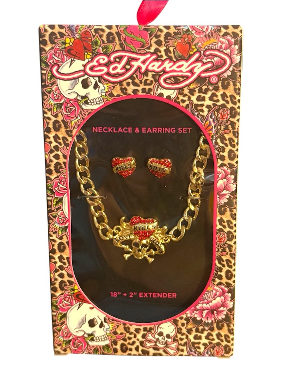 Ed Hardy Jewelry Set Necklace Earrings Gold Plated Red Crystal Heart Skull 18"